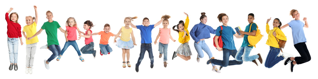 Collage with photos of jumping children on white background. Banner design