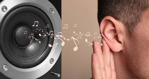 Modern audio speaker and man listening to music on beige background, closeup view of ear. Banner design