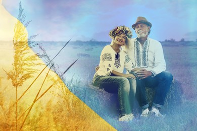 Double exposure of happy mature couple wearing national clothes in field and Ukrainian flag