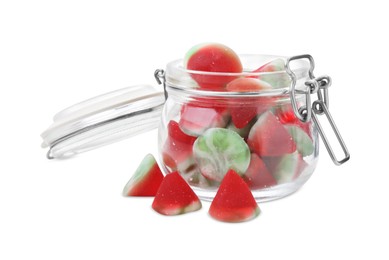 Tasty colorful candies in jar on white background