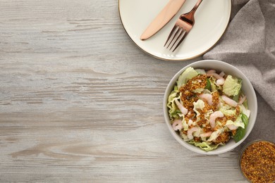 Photo of Delicious salad with Chinese cabbage, shrimps and mustard seed dressing served on white wooden table, flat lay. Space for text