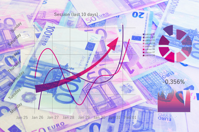 Finance trading concept. Euro banknotes and digital graphic