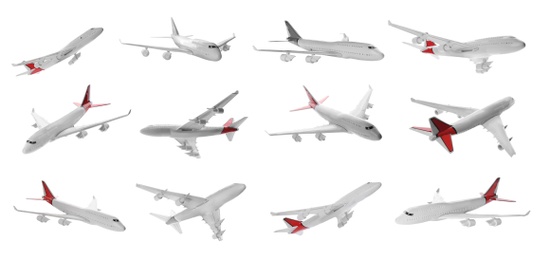 Set of different toy airplanes isolated on white