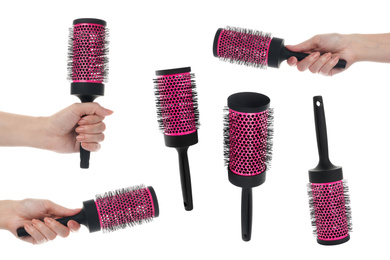 Set with photos of people holding round hair brushes on white background, closeup 