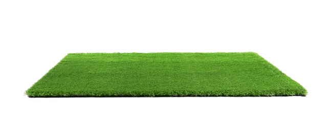 Photo of Artificial grass carpet on white background. Exterior element