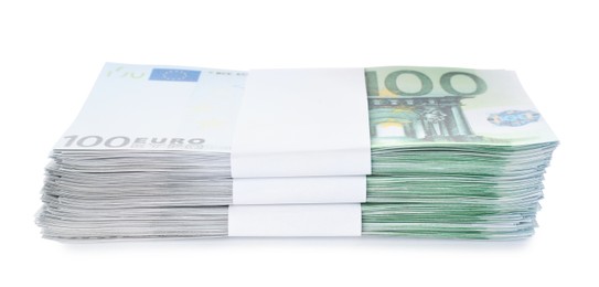 Stack of euro banknotes isolated on white. Money and finance