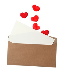 Blank card, envelope and red decorative hearts on white background. Valentine's Day celebration