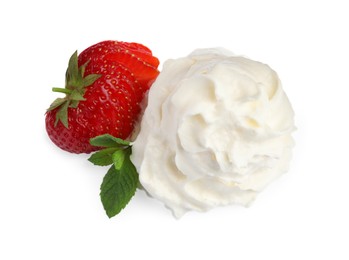 Sliced strawberry with whipped cream on white background, top view