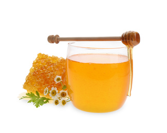 Composition with fresh honey on white background