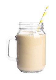 Photo of Mason jar of tasty banana smoothie on white background