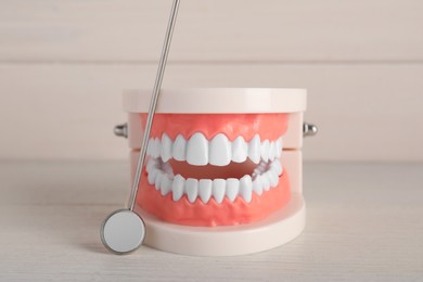 Model of jaw with teeth and dental mirror on white wooden table