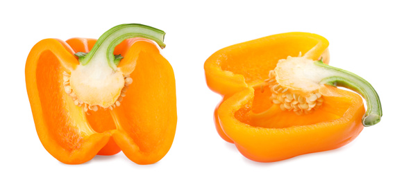 Image of Ripe orange bell pepper on white background