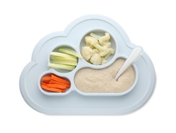 Healthy baby food in plate on white background, top view