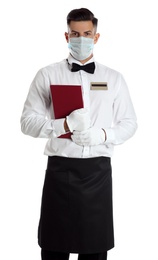 Waiter in medical face mask with menu on white background