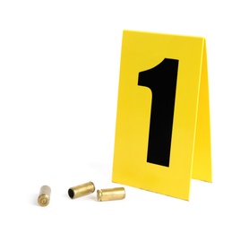 Shell casings and crime scene marker with number 
one isolated on white