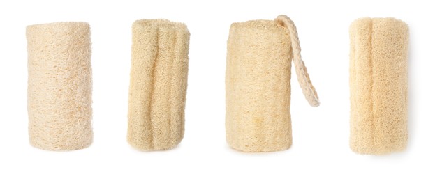 Set with natural shower loofah sponges on white background. Banner design
