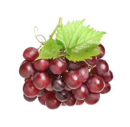 Bunch of fresh ripe juicy red grapes with leaves isolated on white