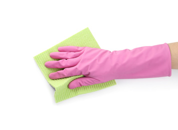 Person in rubber glove with rag on white background, closeup of hand