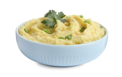 Bowl of tasty mashed potatoes with parsley and green onion isolated on white