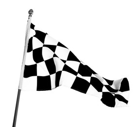 Photo of Checkered finish flag on white background. Auto racing symbol