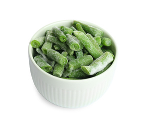 Frozen green beans in bowl isolated on white. Vegetable preservation