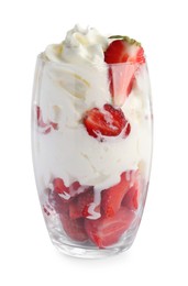 Tasty dessert of fresh strawberries and whipped cream in glass isolated on white