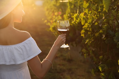 Photo of Beautiful young woman with glass of wine in vineyard on sunny day, closeup