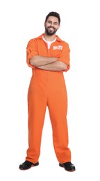 Happy prisoner in special jumpsuit on white background