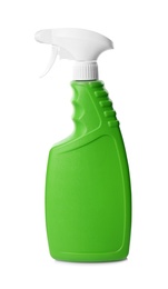 Green spray bottle of cleaning product isolated on white