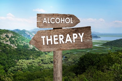 Image of Alcohol addiction: what to choose - therapy or life with bad habit? Wooden signpost with different directions against beautiful mountain landscape