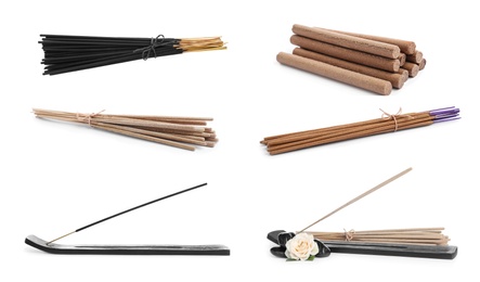 Set with aromatic incense sticks on white background 