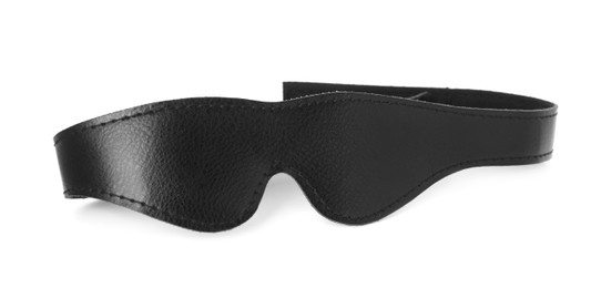 Black leather eye mask on white background. Accessory for sexual roleplay