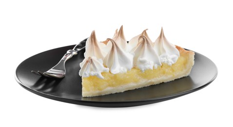 Piece of delicious lemon meringue pie with plate and fork isolated on white