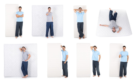Collage with photos of young men and mattresses on white background