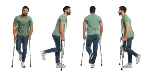 Young man with axillary crutches on white background, collage. Banner design