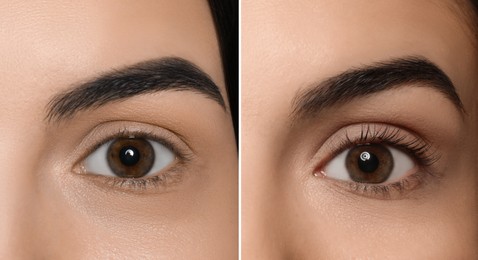 Collage with photos of woman before and after eyelash lamination procedure, closeup. Banner design