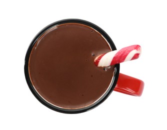 Cup of delicious hot chocolate with candy cane isolated on white, top view