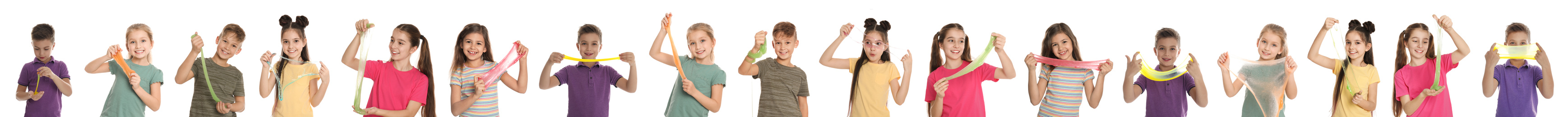 Collage of children with different slimes on white background. Banner design 