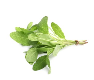 Photo of Bunch of aromatic fresh sage leaves on white background