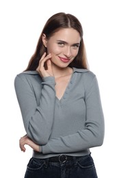 Embarrassed young woman in shirt on white background