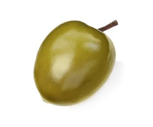 One fresh green olive isolated on white, top view