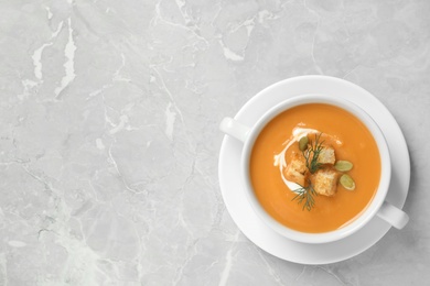 Tasty creamy pumpkin soup with croutons, seeds and dill in bowl on light grey table, top view. Space for text