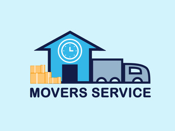 Movers service. Illustration of truck, boxes and building 
