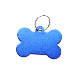Photo of Blue metal bone shaped dog tag with ring isolated on white