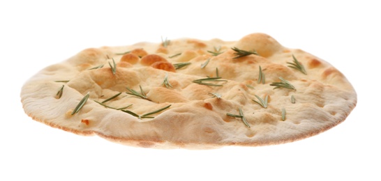 Traditional Italian focaccia bread with rosemary isolated on white