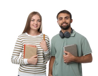 Happy students with books on white background