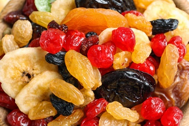 Different dried fruits as background, closeup. Healthy lifestyle