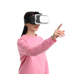 Woman using virtual reality headset on white background