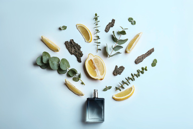 Photo of Beautiful composition with bottle of perfume, lemon, tree bark and eucalyptus on white background, flat lay