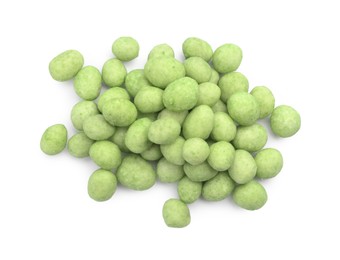 Pile of wasabi coated peanuts on white background, top view